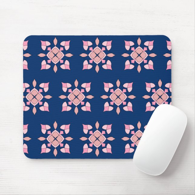 Blush Pink and Navy Geometric Floral Tiles Mouse Mat (With Mouse)