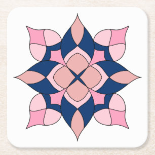 Blush Pink and Navy Geometric Floral Tiles Square Paper Coaster