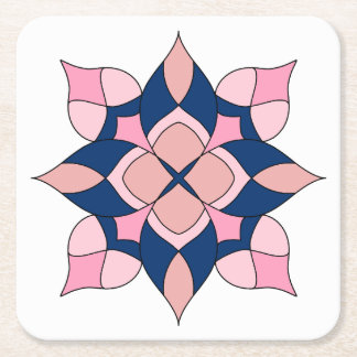 Blush Pink and Navy Geometric Floral Tiles Square Paper Coaster