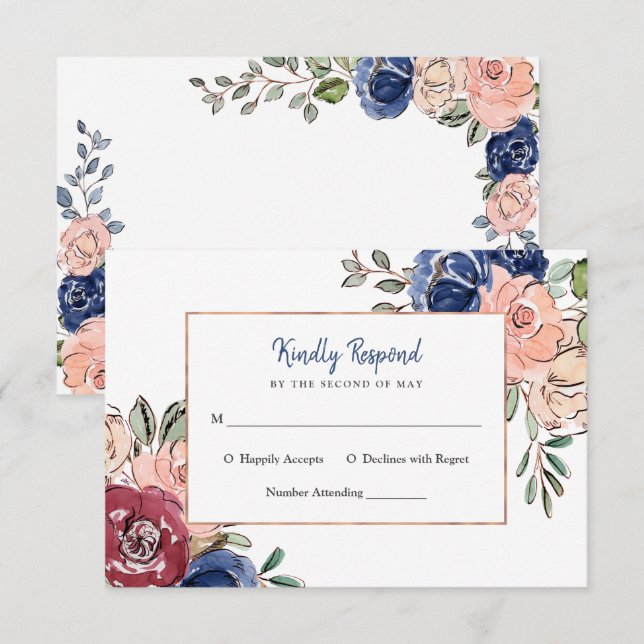 Blush Pink and Navy Geometric Floral | Wedding Invitation (Front/Back)