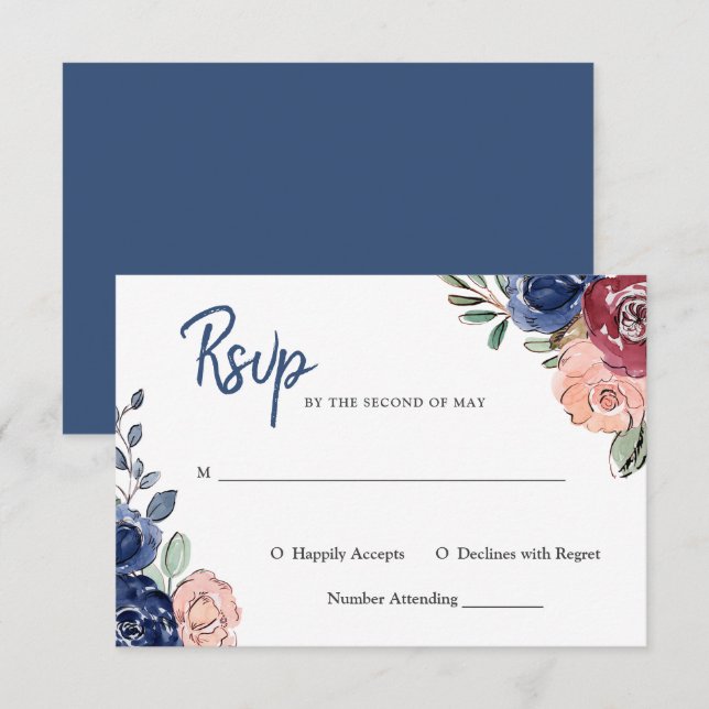 Blush Pink and Navy Watercolor Floral | Wedding Invitation (Front/Back)