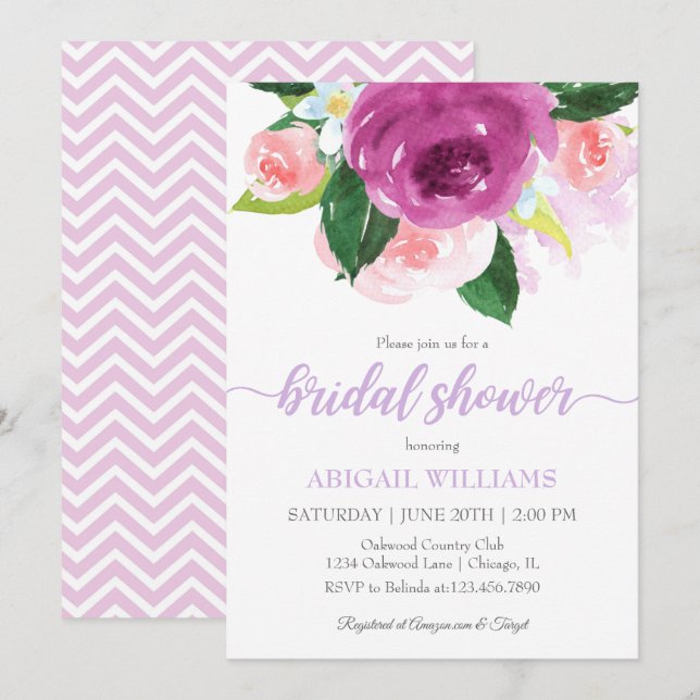 Blush Pink and Purple Blooms Bridal Shower Invitation (Front/Back)