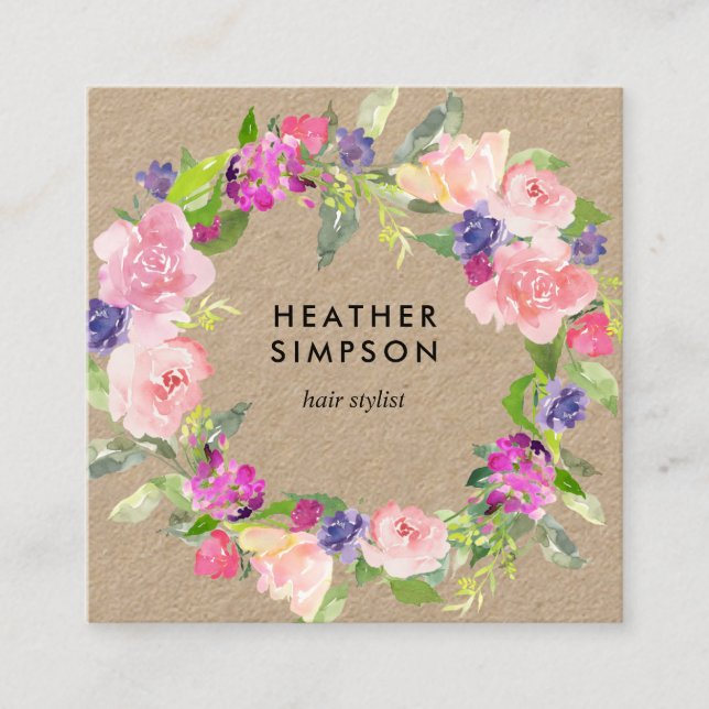 Blush Pink And Purple Flowers Kraft Square Business Card (Front)
