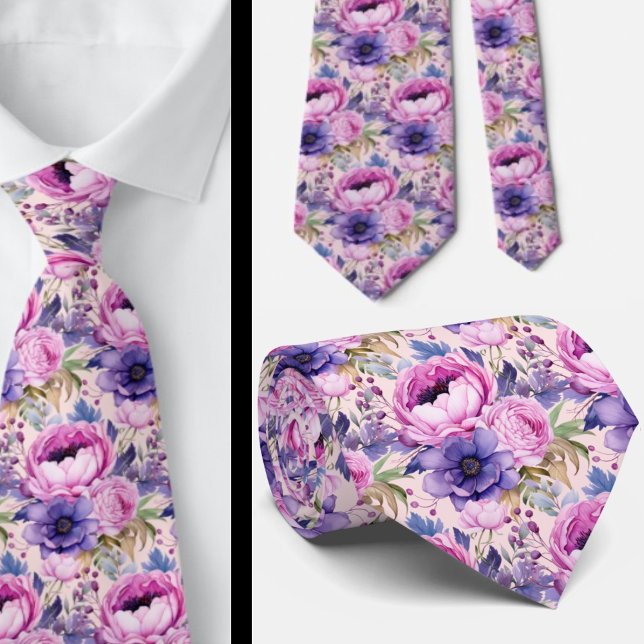 Blush Pink and Purple Violet Flowers Floral Tie (Creator Uploaded)