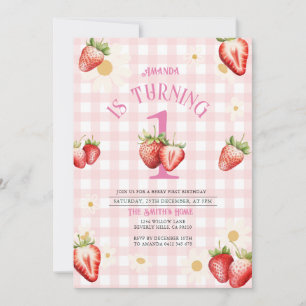 Blush Pink and Red Strawberry Daisy Birthday Invitation