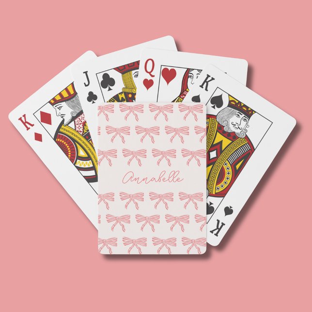 Blush pink and red striped bows coquette playing cards (Girls blush pink coquette striped bow playing cards with script first name. Address to reverse.)