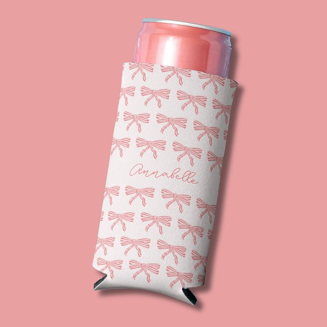 Blush pink and red striped bows coquette seltzer can cooler (Girls blush pink coquette striped bow can cooler with script first name. )