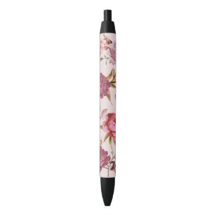 Blush Pink and Red Watercolor Floral Roses Black Ink Pen