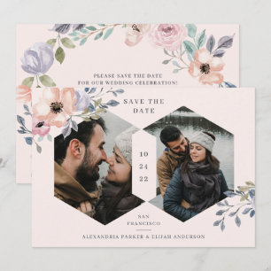 Blush Pink and Rose Geometric Floral   Two Photo Save The Date