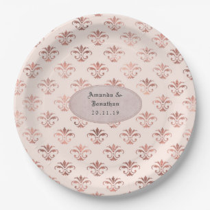 Blush Pink and Rose Gold Damask Foil Wedding Paper Plate