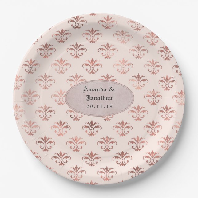 Blush Pink and Rose Gold Damask Foil Wedding Paper Plate (Front)