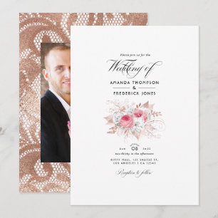 Blush Pink and Rose Gold Floral and Lace Wedding I Invitation