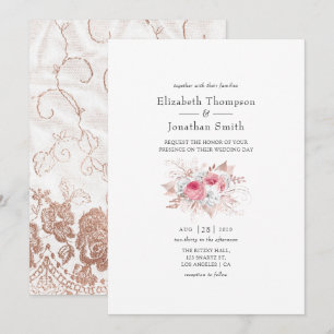 Blush Pink and Rose Gold Floral and Lace Wedding Invitation