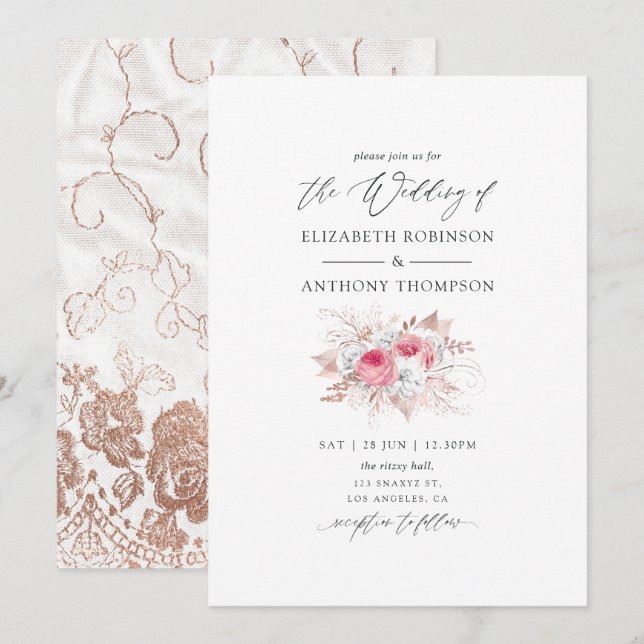 Blush Pink and Rose Gold Floral and Lace Wedding Invitation (Front/Back)