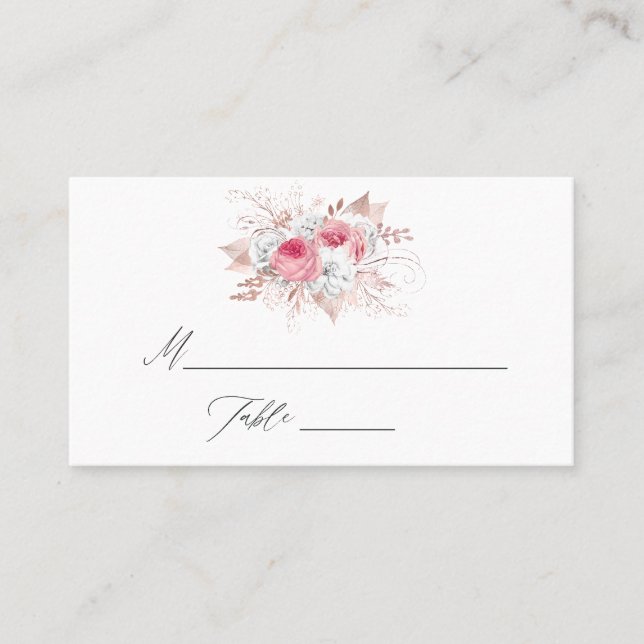 Blush Pink and Rose Gold Floral and Lace Wedding Place Card (Front)