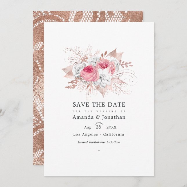 Blush Pink and Rose Gold Floral and Lace Wedding Save The Date (Front/Back)