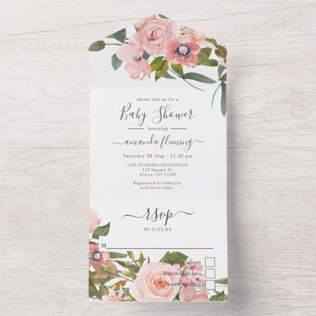 Blush Pink and Rose Gold Floral Baby Shower All In One Invitation (Inside)