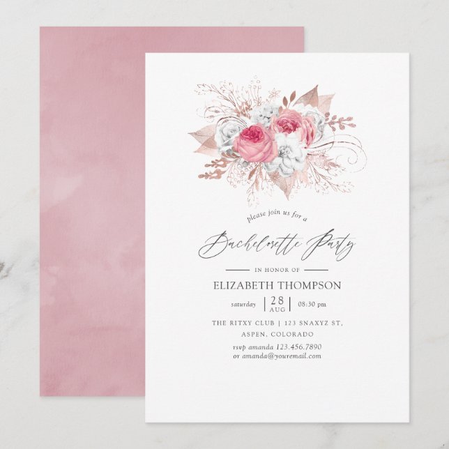 Blush Pink and Rose Gold Floral Bachelorette Party Invitation (Front/Back)