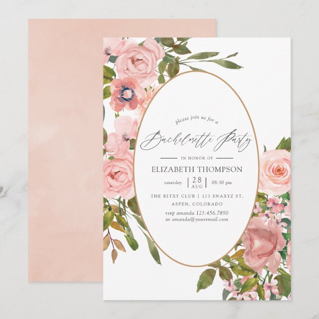 Blush Pink and Rose Gold Floral Bachelorette Party Invitation (Front/Back)