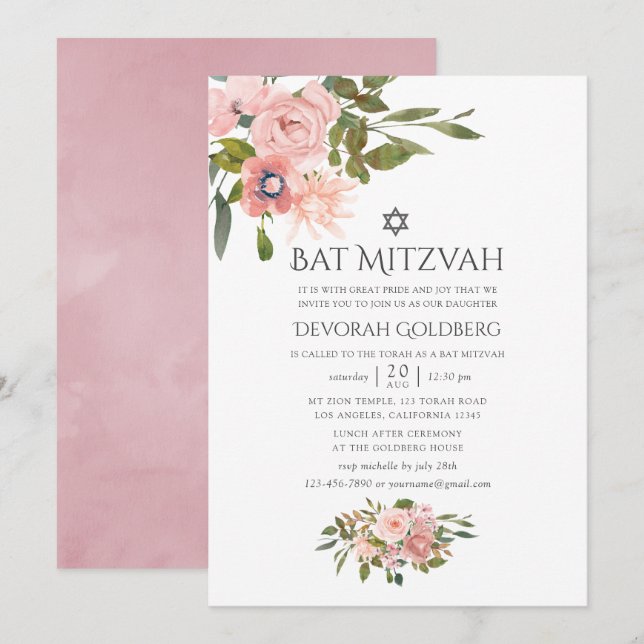 Blush Pink and Rose Gold Floral Bat Mitzvah Invitation (Front/Back)
