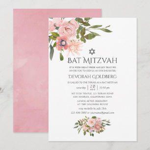 Blush Pink and Rose Gold Floral Bat Mitzvah Invitation