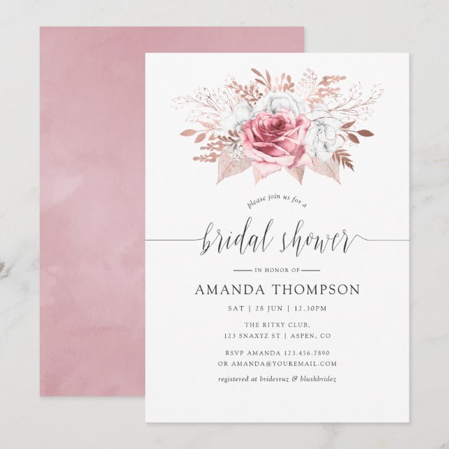 Blush Pink and Rose Gold Floral Bridal Shower Invitation (Front/Back)