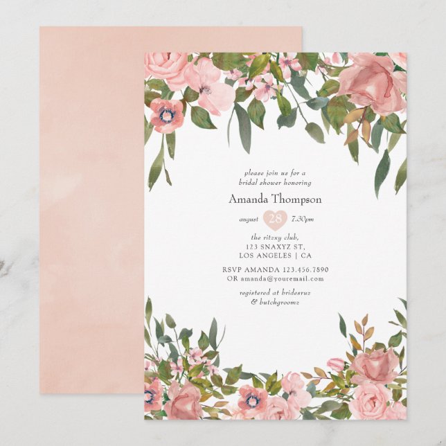 Blush Pink and Rose Gold Floral Bridal Shower Invitation (Front/Back)