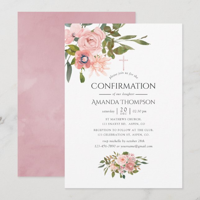 Blush Pink and Rose Gold Floral Confirmation Invitation (Front/Back)