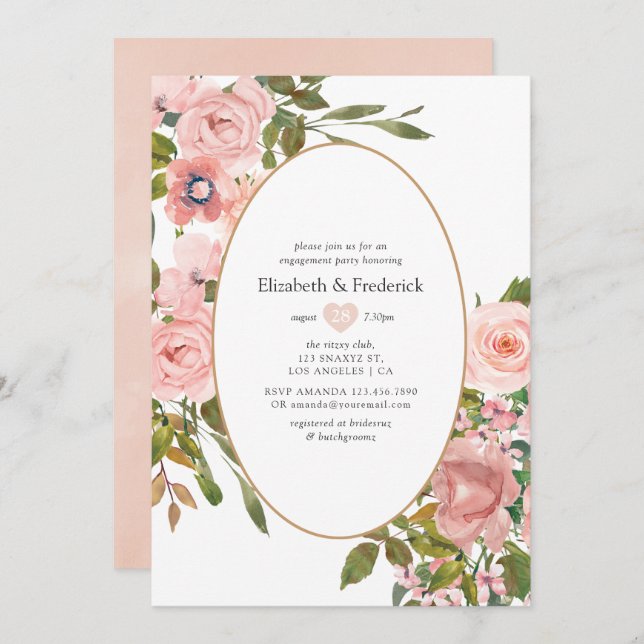 Blush Pink and Rose Gold Floral Engagement Party Invitation (Front/Back)
