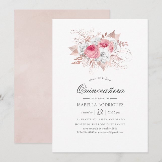 Blush Pink and Rose Gold Floral Quinceañera Invitation (Front/Back)