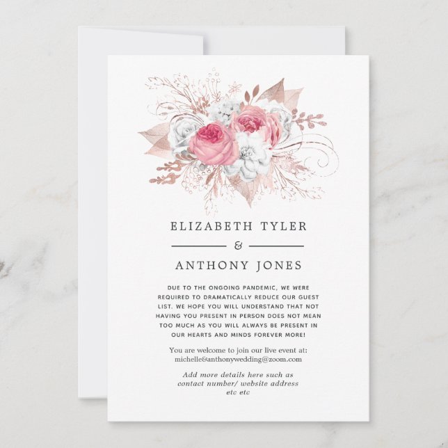 Blush Pink and Rose Gold Floral Reduced Guest List Announcement (Front)