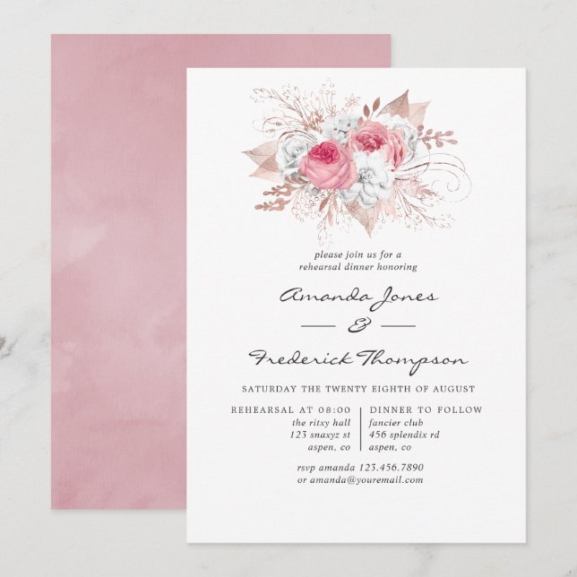 Blush Pink and Rose Gold Floral Rehearsal Dinner Invitation (Front/Back)