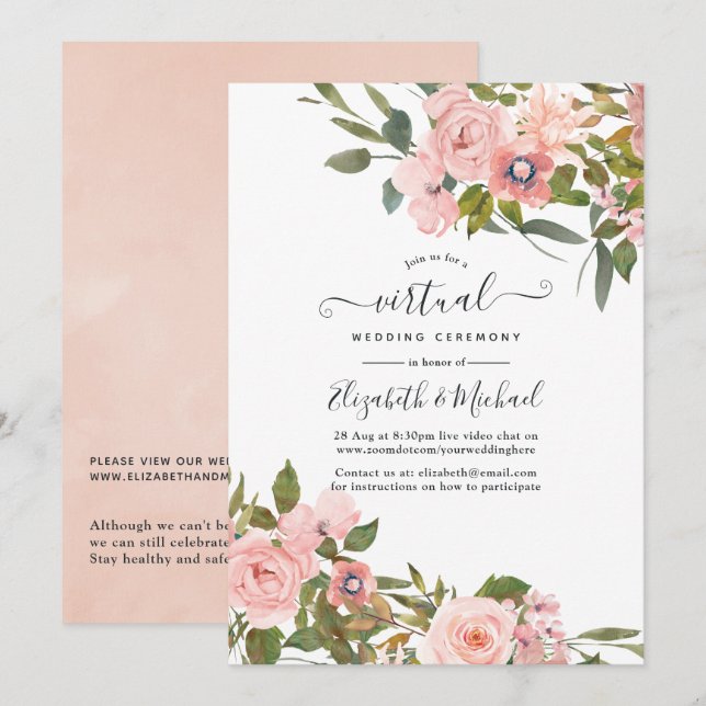 Blush Pink and Rose Gold Floral Virtual Wedding Invitation (Front/Back)