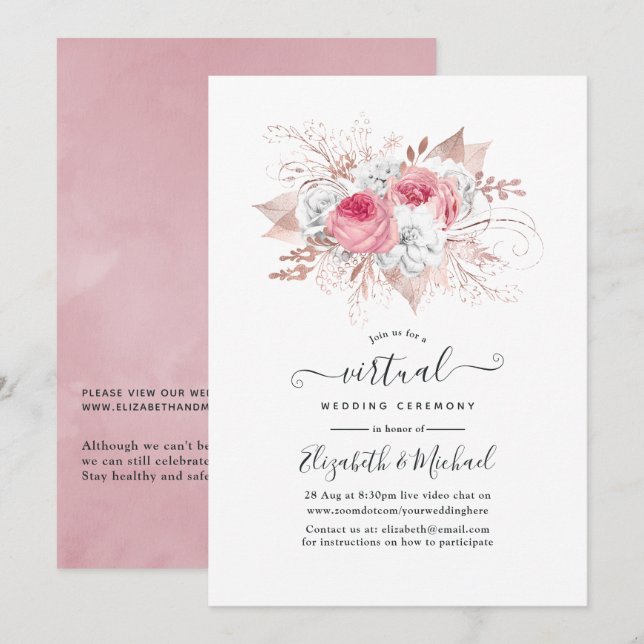 Blush Pink and Rose Gold Floral Virtual Wedding Invitation (Front/Back)