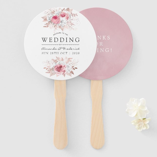 Blush Pink and Rose Gold Floral Wedding Favour Hand Fan (Front and Back)