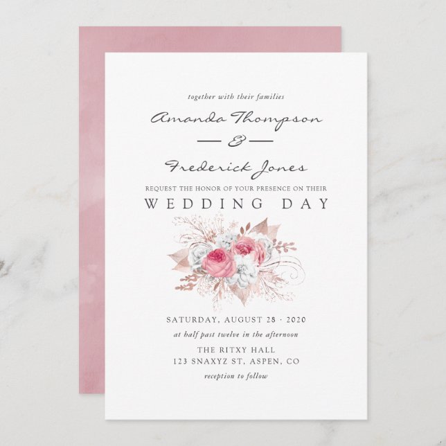 Blush Pink and Rose Gold Floral Wedding invitation (Front/Back)