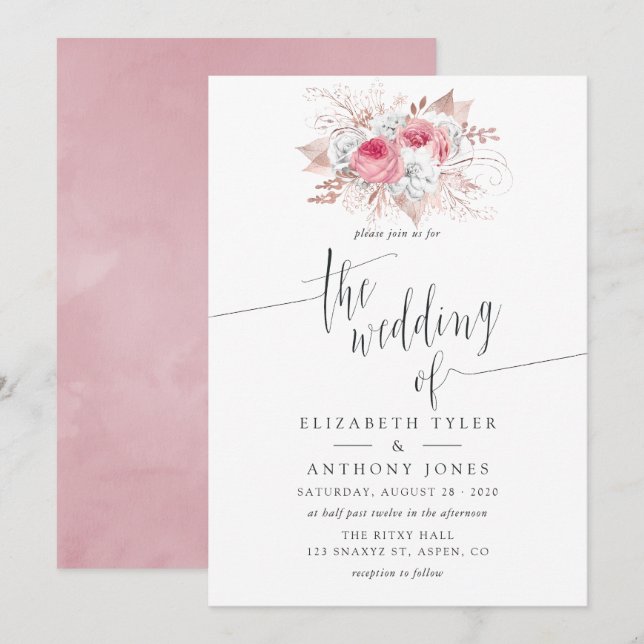 Blush Pink and Rose Gold Floral Wedding invitation (Front/Back)