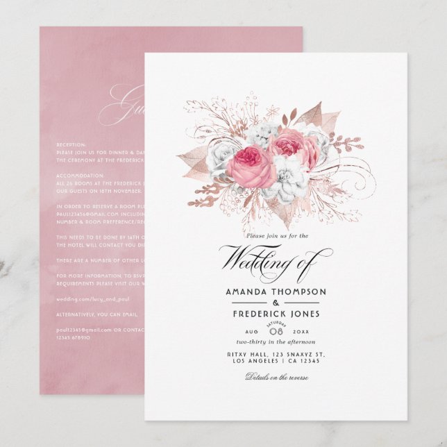 Blush Pink and Rose Gold Floral Wedding invitation (Front/Back)