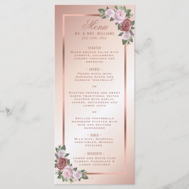 Blush Pink and Rose Gold Floral Wedding Menu (Front)