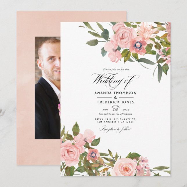 Blush Pink and Rose Gold Floral Wedding Photo Invitation (Front/Back)