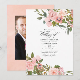 Blush Pink and Rose Gold Floral Wedding Photo Invitation
