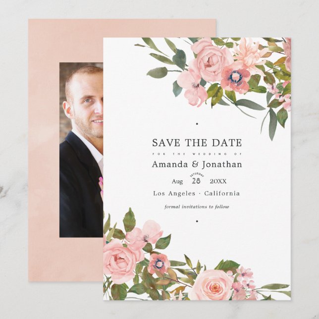 Blush Pink and Rose Gold Floral Wedding Photo Save The Date (Front/Back)