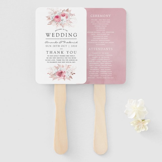 Blush Pink and Rose Gold Floral Wedding Program Hand Fan (Front and Back)