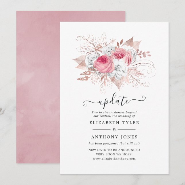 Blush Pink and Rose Gold Floral Wedding Update Invitation (Front/Back)