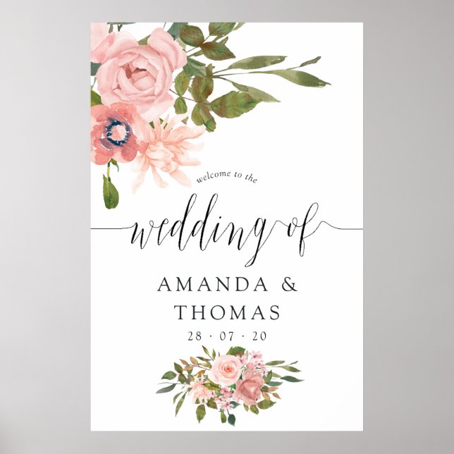 Blush Pink and Rose Gold Floral Wedding Welcome Poster (Front)