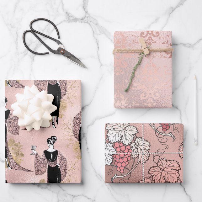 Blush Pink and Rose Gold Paris Vin Rosé Wrapping Paper Sheet (Front)