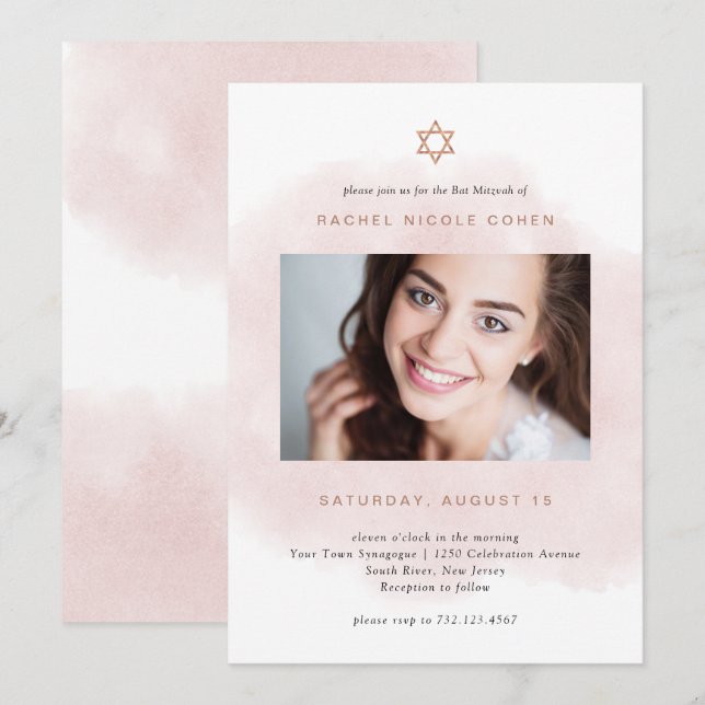 Blush Pink and Rose Gold | Photo Bat Mitzvah Invitation (Front/Back)