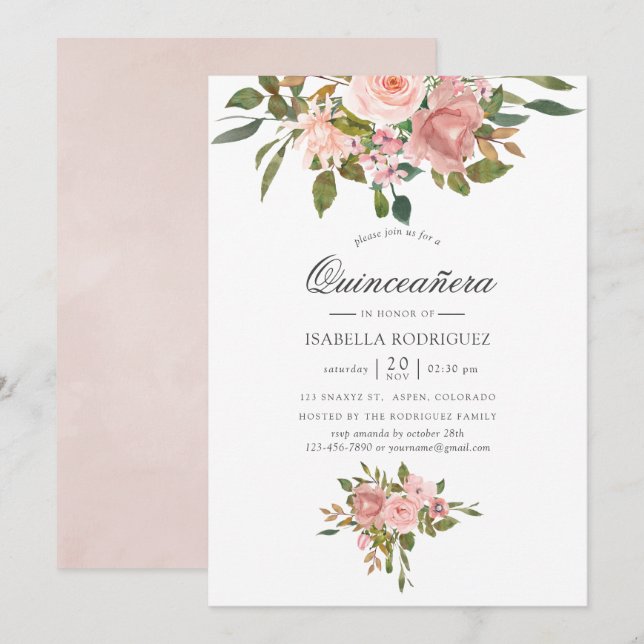 Blush Pink and Rose Gold Quinceañera Invitation (Front/Back)