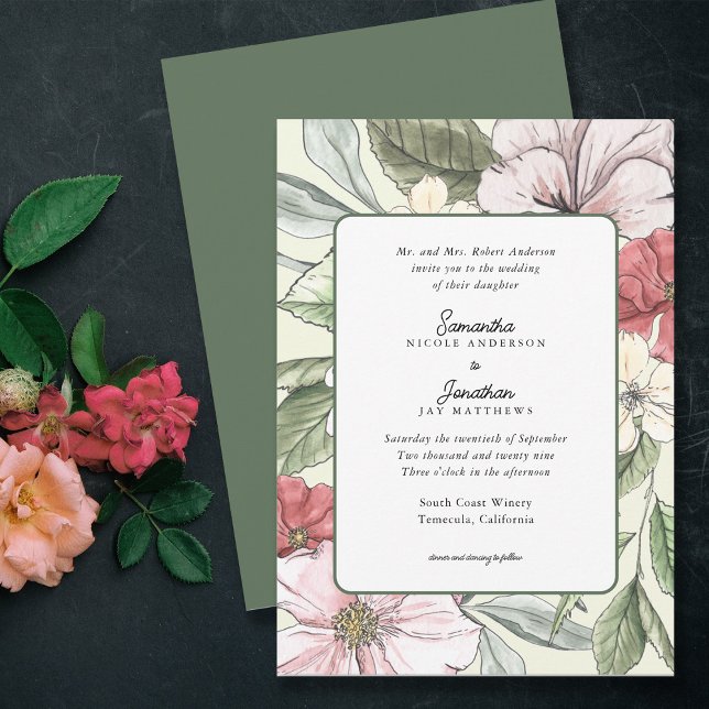 Blush Pink and Sage Fall Flowers Green Wedding Invitation (Creator Uploaded)