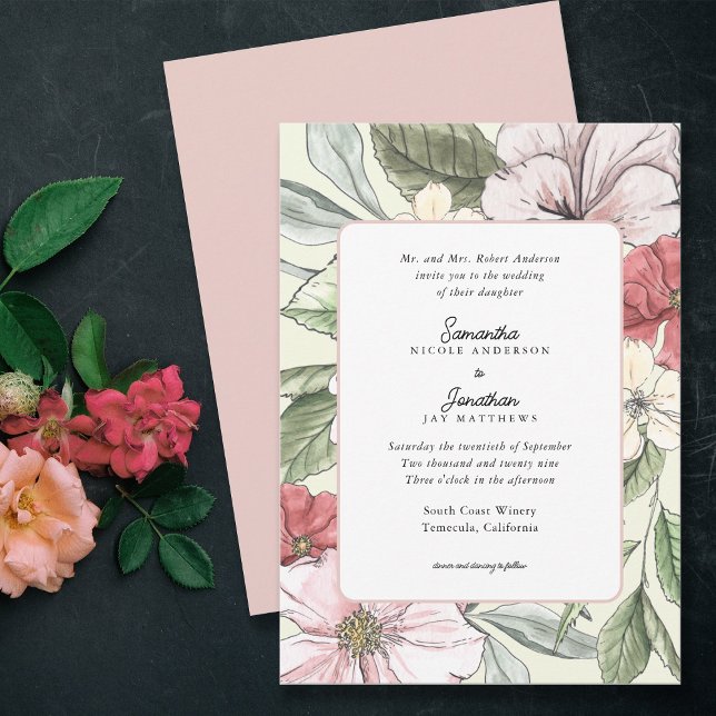 Blush Pink and Sage Fall Flowers Wedding Invitation (Creator Uploaded)